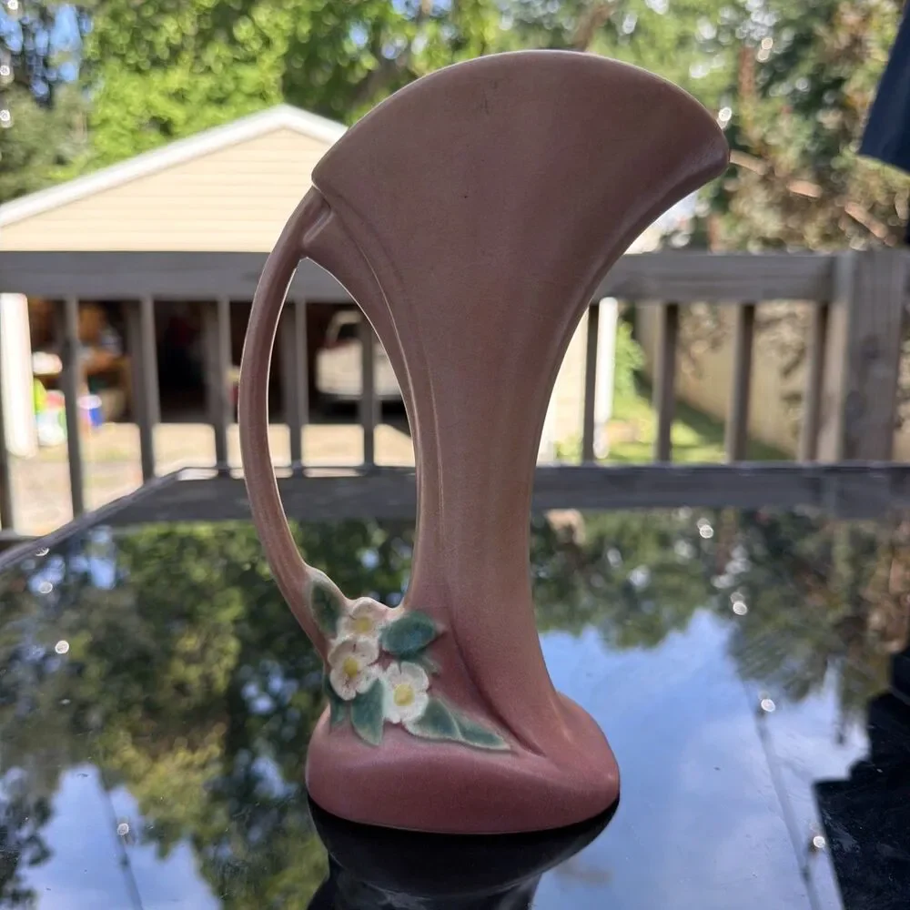 Vintage Roseville Pottery Mock Orange Pink Vase Cornucopia Shape 973-8